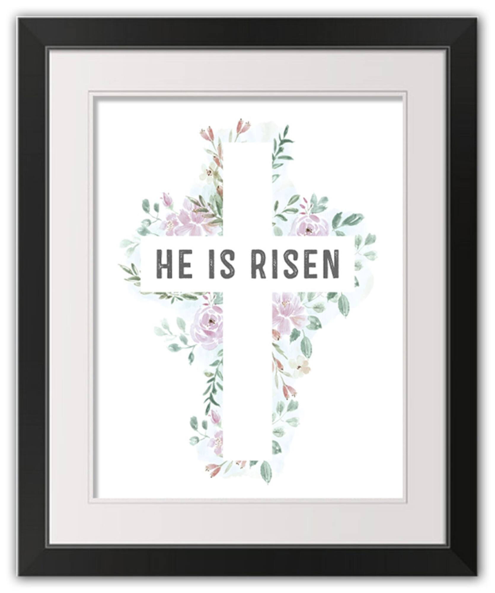 Watercolor Floral Cross Risen 2 16" x 20" Black Framed Print Under Plexiglass